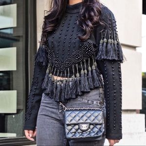 L’ATISTE Black Long Sleeve Embellished Crop Top-M